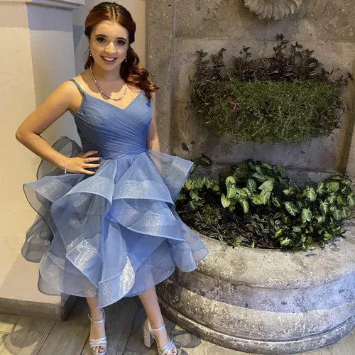 Vista 9 de Vestidos cortos de graduación con tirantes delgados de tul con purpurina para adolescentes, vestidos de regreso a casa escalonados 2024 con cuello