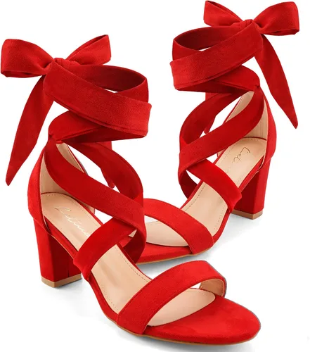 Vista 3 de Leticia Tacones de tiras para mujer, tacón grueso, sexy, puntera abierta, con cordones, tacones de bloque, cómodas sandalias de tacón alto