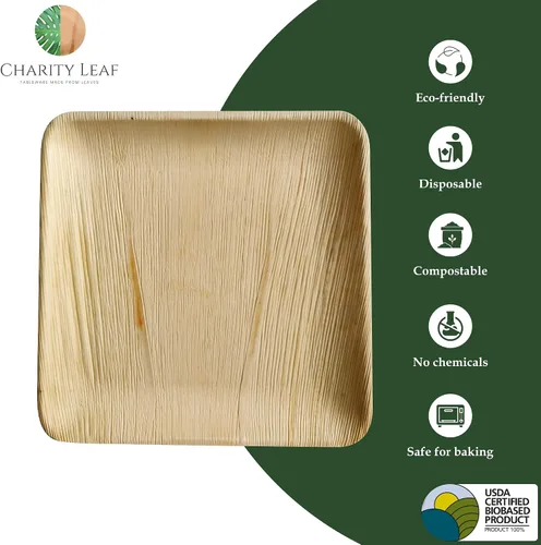 Vista 3 de Charity Leaf Platos cuadrados desechables de bambú de 11 pulgadas (25 piezas) Platos de bambú para servir, tableros desechables, vajilla ecológica