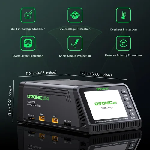 Vista 5 de OVONIC Cargador de equilibrio X4 LiPo AC 500W 4 canales Auto Power Asignación, 15A por canal, LiPo/Li-Ion/LiHV/Life 1-6S, NiMH 3-18S, protecciones