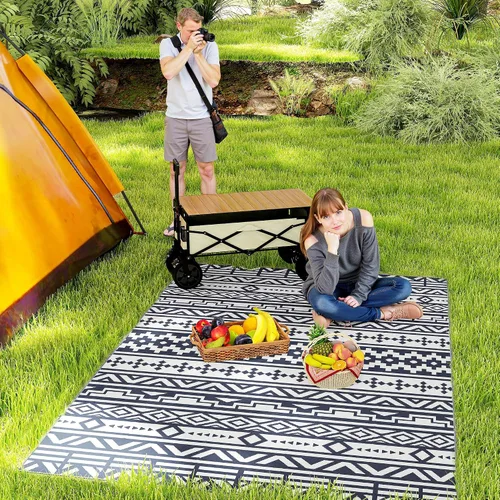 Vista 39 de Outsunny Alfombra de exterior para patio impermeable 9' x 18' rombo negro y Borde rombo negro y gris