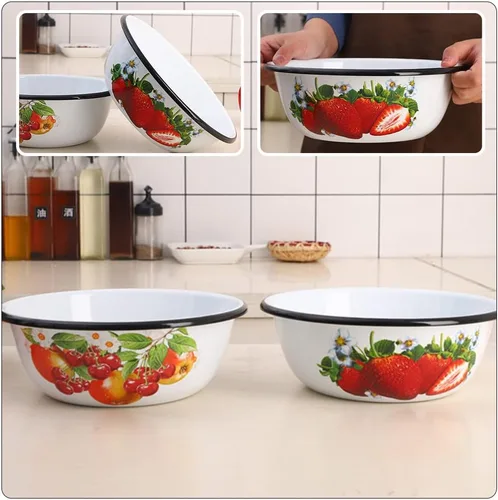 Vista 3 de LUOZZY Cuenca esmaltada Cocina Restaurante Tazón de sopa Cuenco Vintage Ensalada Enamelware (25CM, Fresa)