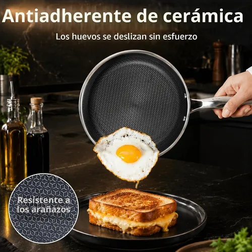 Vista 2 de SAKAMOSH Sartén antiadherente de 20,32 cm, sartén híbrida de cerámica y acero inoxidable, sartén con mango resistente al calor, no tóxica, libre