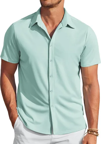 Vista 9 de COOFANDY - Camisas sin arrugas para hombre, casual, manga corta, con botones, de verano, elástica, de vestir