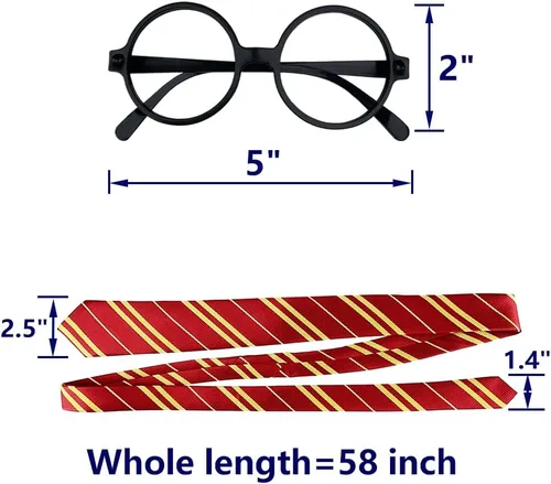 Vista 6 de 1 corbata de mago + 2 gafas de mago, corbata de cosplay, gafas de plástico para disfraz, marco redondo negro, sin lentes para el día de la escuela