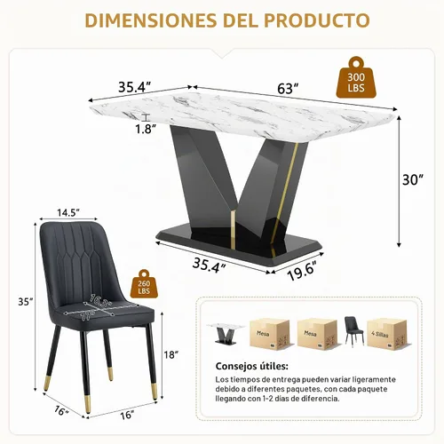 Vista 2 de Juego de mesa de comedor de 5 piezas, juego de mesa de comedor moderno de mármol de 63 pulgadas para 4, juego de mesa de cocina blanca para 4, juego