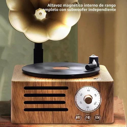 Vista 2 de Altavoz de tocadiscos vintage, tocadiscos portátil de grano de madera, altavoz Bluetooth con bocina de cobre, función de radio FM, diseño compacto