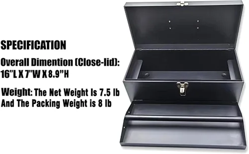 Vista 5 de Caja de herramientas de metal portátil de 16", caja de herramientas grande de calibre 18, caja de aparejos de pesca, organizador de cajón de caja