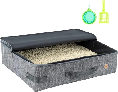 Vista 11 de Arenero portátil de viaje para gatos con tapa para contener arena y olor. Fácil de transportar, limpiar y almacenar. Ideal para viajes en auto