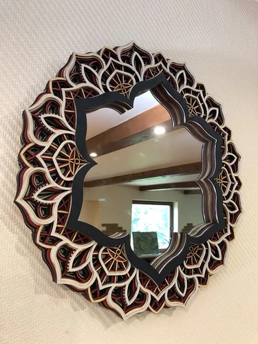 Vista 3 de BHDecor Espejo para decoración de pared para el hogar, marco tallado con láser de varias capas, elegante mandala de madera para colgar, paneles