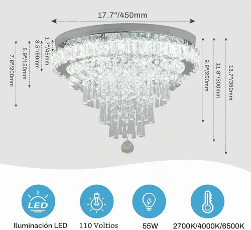 Vista 3 de CLAIRDAI Lámpara de araña moderna de cristal redonda LED, luminarias de luz de techo de cristal, lámpara de araña de montaje empotrado, lámpara