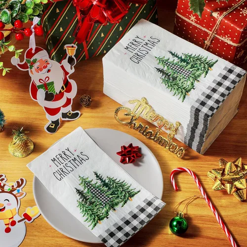 Vista 4 de 100 Piezas Servilletas de Navidad a Granel Navideñas Toallas de Mano de Papel Desechables para Invitados Servilletas de Cóctel con Árbol de Navidad