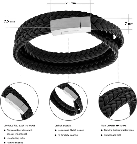 Vista 4 de 555Jewelry Pulsera de cierre magnético de cordón de cuero trenzado de acero inoxidable, Metal