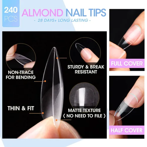 Vista 4 de Gellen kit de extensión de uñas en gel, kit de uñas en gel con 240 puntas de almendra, pegamento UV 3 en 1 para puntas de uñas, dehidratador