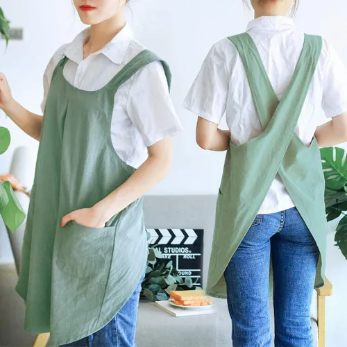 Vista 3 de NEWGEM - Delantales de cocina de lino japonés para mujeres y hombres, con tirantes cruzados y bolsillos, para repostería y cocina