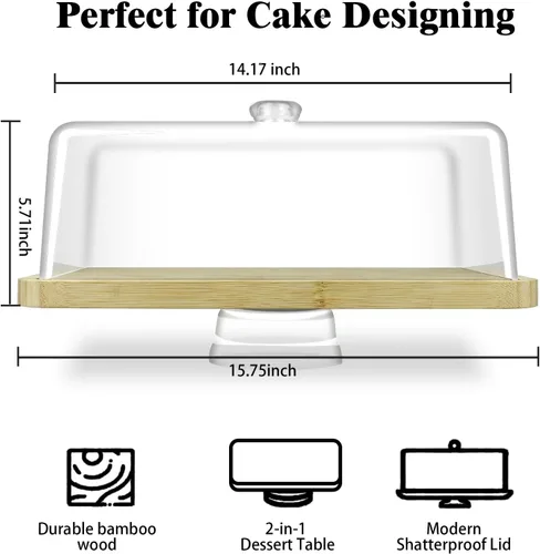 Vista 2 de Cutesun Soporte para pastel de bambú y madera con tapa - Soporte rectangular para pastel, juego de exhibición de 2 en 1 para mesa de postre y tabla