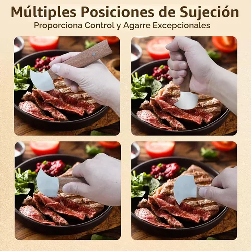 Vista 7 de Cuchillo basculante, cuchillo de carne para cortar carne, juego de hoja curvada y tenedor de acero inoxidable, asas de madera para amantes