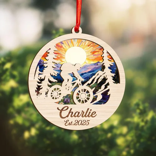 Vista 7 de Adorno personalizado para ciclismo de montaña, nombre personalizado y adorno para árbol de Navidad del año 2025, regalos de ciclista de montaña