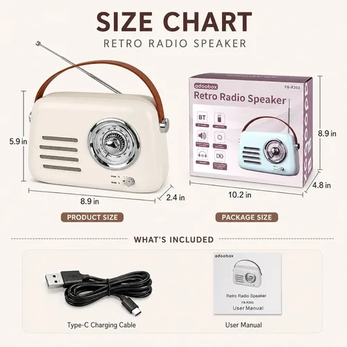 Vista 8 de Altavoz Bluetooth vintage con radio FM, caja de auge inalámbrica portátil, más de 20 horas de duración de la batería, radio retro