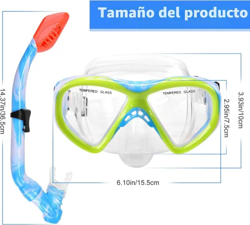 Vista 7 de Conjunto de esnórquel para niños con tubo de tapa seca, equipo de esnórquel para niños, jóvenes, niños y niñas junior de 5 a 15 años, máscara