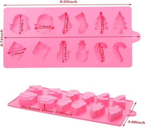 Vista 2 de Mini Skater Juego de 2 moldes de silicona de Navidad de 12 cavidades para hacer jabón, velas, dulces, chocolate y más (molde navideño rosa)