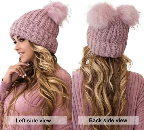 Vista 3 de Braxton Beanie - Gorro de lana para mujer, con 2 orejas de pompón, de punto trenzado, para invierno, para esquí al aire libre