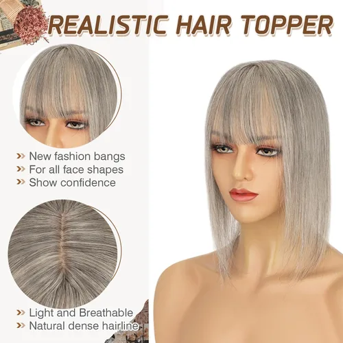 Vista 64 de Rich Choices Pelucas con topper de cabello para mujeres, cabello humano real 100% Remy, sin flequillo, para mujeres con adelgazamiento en la parte
