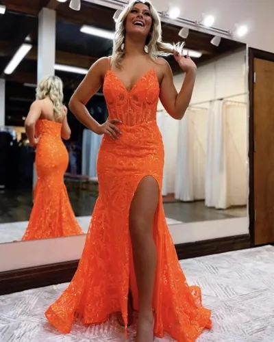 Vista 5 de RUMUGUYA Vestido de fiesta de sirena con lentejuelas brillantes con abertura para mujer, tirantes delgados, vestido formal de noche 2024