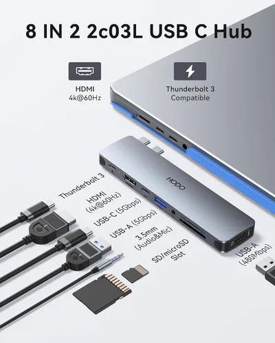 Vista 2 de Adaptador Hub USB C para MacBook Pro Air 2025-2018, Adaptador Multipuerto para Mac para MacBook 13" 15" 16", Accesorios Hub para Mac 8 en 2 con HDMI
