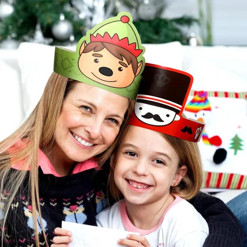 Vista 5 de Skylety 40 sombreros de fiesta de papel de Navidad para niños, ajustable, corona de papel, diadema, Papá Noel, elfo, reno, muñecos de nieve, hombre
