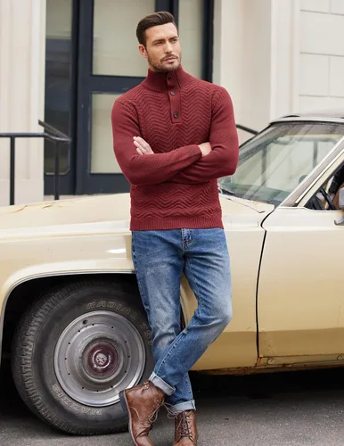 Vista 2 de COOFANDY Suéter de cuello alto Henley de punto trenzado para hombre