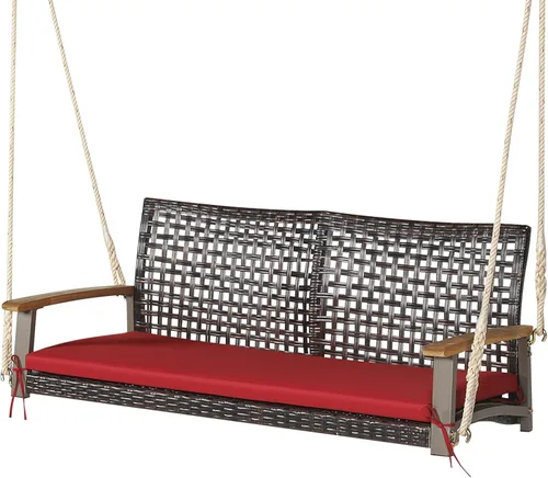 Vista 10 de Happygrill Silla oscilante de ratán para porche de 2 asientos, banco oscilante de mimbre para exteriores con cojín de asiento y reposabrazos