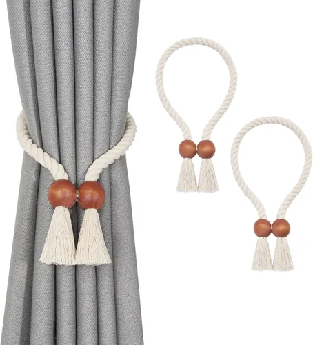 Vista 59 de NICEEC 2 Pack de Alzapaños Magnéticos de Madera en Forma de Cubo Boho para Decoración del Hogar, Alzapaños de Lino Tejidos a Mano para Cortinas Beige