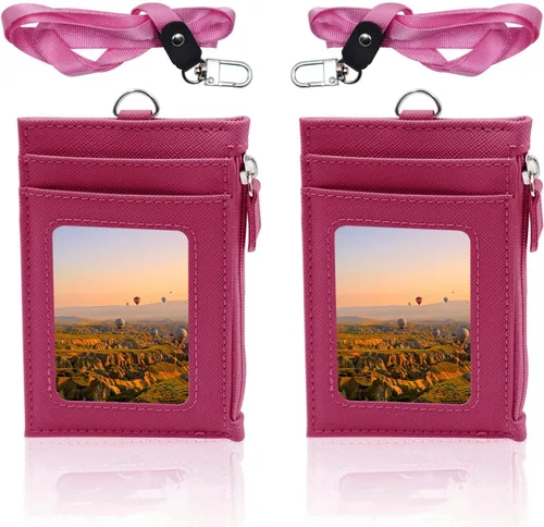 Vista 11 de Paquete de 2 portatarjetas de piel sintética con bolsillo con cremallera, cartera con cordón, tarjetero para tarjetas de identificación con 4 Negro