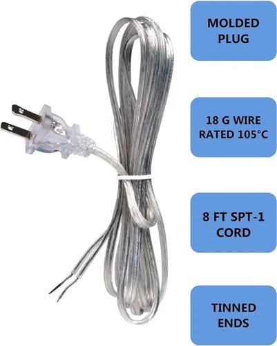Vista 4 de Creative Hobbies Cable de lámpara plateado transparente, 8 pies de largo, SPT-1, calibre 18, cable de alimentación con certificación UL