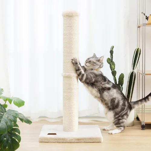 Vista 5 de Karolpar Poste rascador para gatos de 34 pulgadas con cuerda de sisal natural, 4.3 pulgadas de diámetro grande, árbol rascador para gatos de Beige