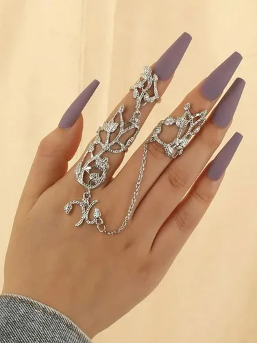 Vista 2 de Anillo de dedo completo para mujer, cadena de mano, dije de hoja, anillo de dedo con cadena nudillo, anillo de dedo largo abierto, cadenas de mano