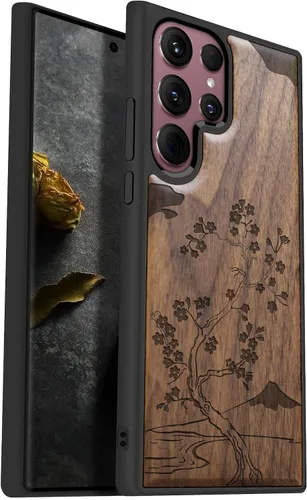 Vista 11 de Carveit Funda de madera para Galaxy S22 2022 [madera natural y TPU suave negro] a prueba de golpes, funda protectora de madera compatible