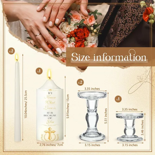 Vista 2 de MTLEE Juego de 3 velas Unity con portavelas para boda, incluye 1 pilar y 2 velas cónicas para ceremonia, accesorios de boda, bautismo, iglesia