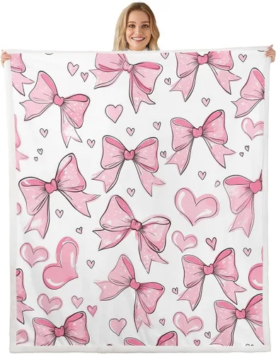Vista 8 de Manta de franela de forro polar con lazos rosados femeninos de 40 x 50 pulgadas, manta mullida de corazones para el día de San Valentín para sofá
