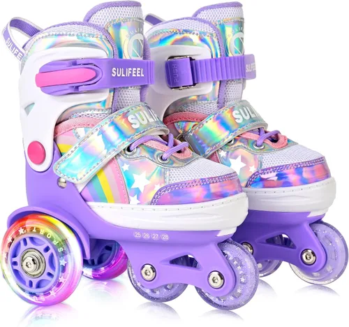 Vista 13 de SULIFEEL Rainbow Unicorn - Patines ajustables de 4 tamaños para niñas y niños de 3-5, 5-8, 6-12 años, patines para interiores y exteriores