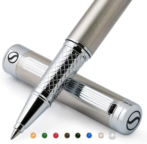 Vista 11 de Scriveiner Bolígrafo Rollerball de Laca Negra - Impresionante Bolígrafo de Lujo, Chapado en Oro Real, Repuesto de Tinta Schmidt, El Mejor Set de 1.