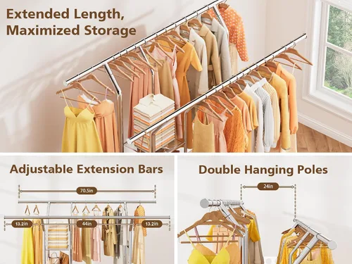 Vista 5 de Perchero resistente con ruedas para colgar ropa 4-Tier Shelves, Extendable Rod, Stainless Steel, Rolling Clothing Rack, Garment Rack Load Over 630