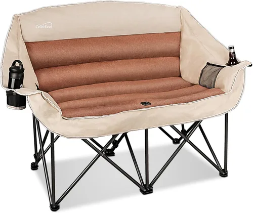 Vista 12 de Silla de campamento plegable doble totalmente acolchada, sofá de campamento de gran tamaño para 2 personas, sofá con soporte para tazas, soporte