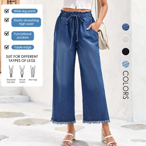 Vista 5 de Valphsio Pantalones de mezclilla holgados de pierna ancha para mujer, cintura con lazo en la cintura, culottes de cambray, pantalones con borlas