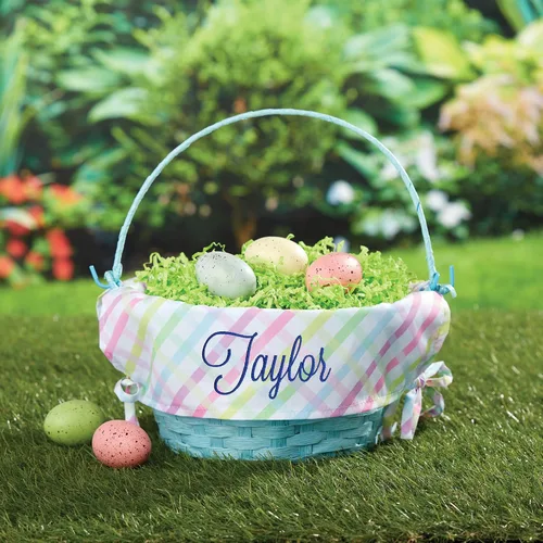 Vista 2 de Cesta de huevo de Pascua personalizada con asa y nombre personalizado en escritura azul marino Forro de canasta de Pascua multicolor Cesta azul