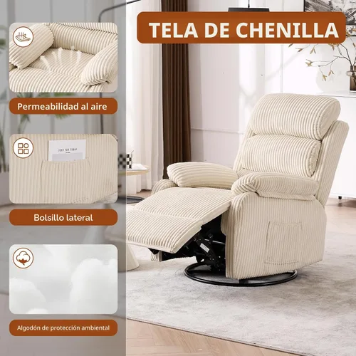 Vista 5 de Silla mecedora reclinable de 360° para adultos, silla reclinable para cuarto de bebé con bolsillo lateral, un cómodo sillón de sofá individual