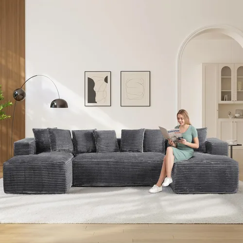 Vista 14 de Sofás seccionales en forma de U de gran tamaño de 131 pulgadas para sala de estar, cómodo sofá modular de pana esponjosa beige sin hueso, sofá
