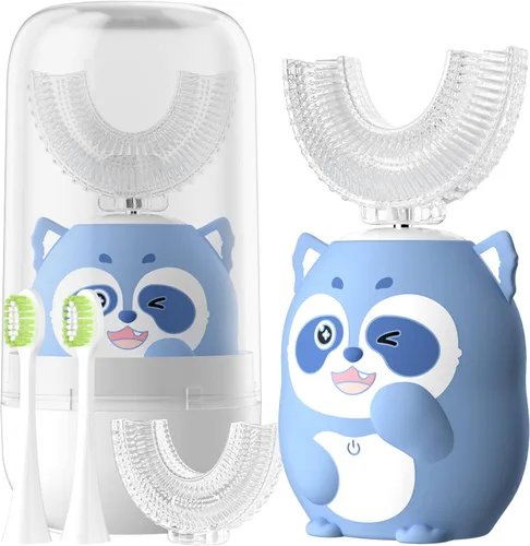 Vista 12 de Cepillo de dientes eléctrico en forma de U para niños, cepillo de dientes automático sónico de dinosaurio con 6 cabezales de cepillo, boca completa