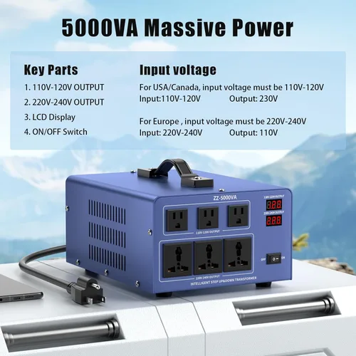 Vista 2 de Transformador convertidor de voltaje de 5000 W, elevador y descendente, 110 V/120 V a 220 V/240 V, reconocimiento automático de voltaje, convertidor